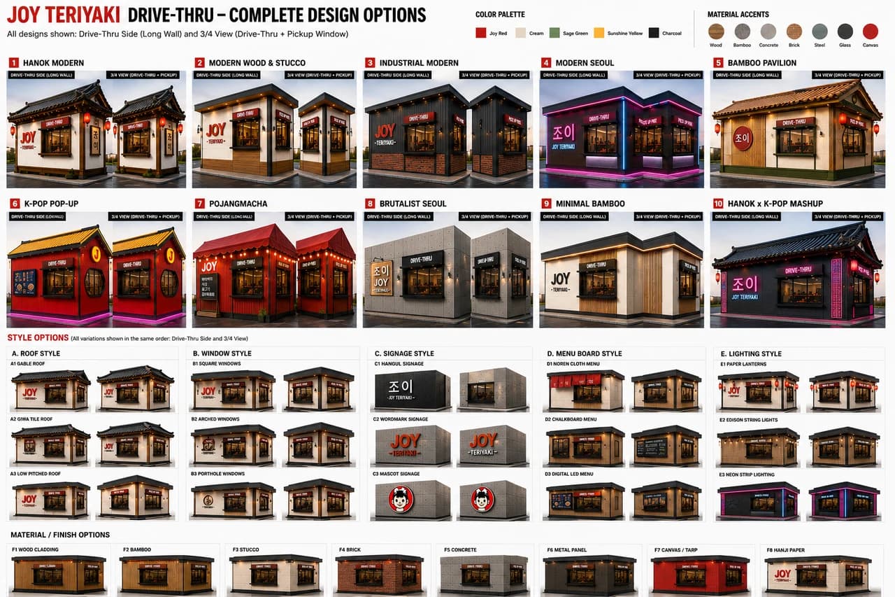 Joy Teriyaki concept catalog — ten drive-thru architectural directions rendered side-by-side