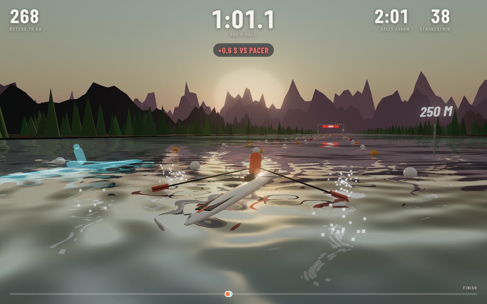 Ghost Race on RowPlay: a single scull rows across a lake at sunset beside a glowing cyan ghost boat, with meters to go, race clock, split and stroke rate across the top and a finish gantry ahead