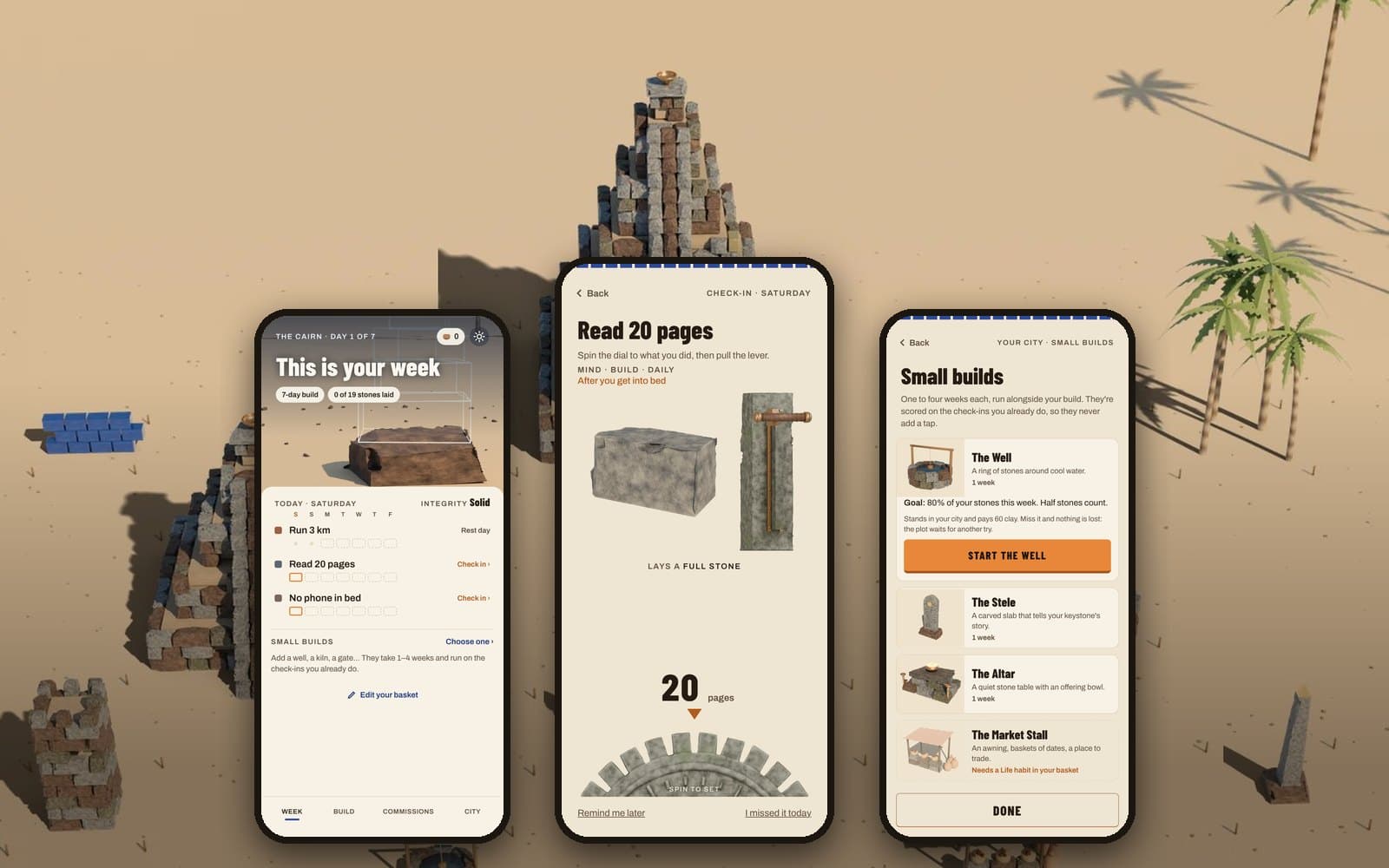 Ziggurat: three phone screens, the week, a check-in with a stone dial and lever, and small builds, in front of a desert city of stepped ziggurats, towers and wells
